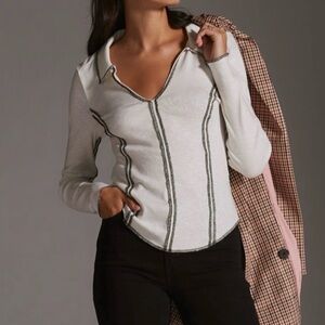 Anthropologie Pilco Long Sleeve white Top with Black Stitching size small